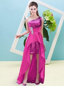 Fuchsia Elastic Woven Satin and Sequined Lace Up Dress for Prom Sleeveless High Low Beading and Sequins