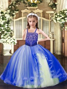 Royal Blue Straps Neckline Beading Child Pageant Dress Sleeveless Lace Up