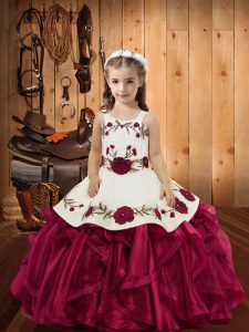 Red Straps Neckline Embroidery and Ruffles Custom Made Pageant Dress Sleeveless Lace Up
