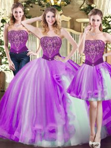 Discount Eggplant Purple Sleeveless Tulle Lace Up Sweet 16 Dresses for Military Ball and Sweet 16 and Quinceanera