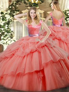 Dramatic Watermelon Red Sleeveless Ruffled Layers Floor Length Quince Ball Gowns