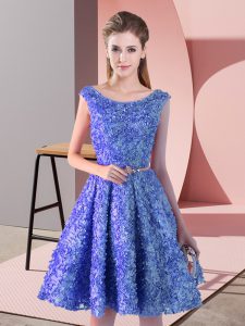 Modern Blue Prom Evening Gown Prom and Party with Belt Scoop Sleeveless Lace Up