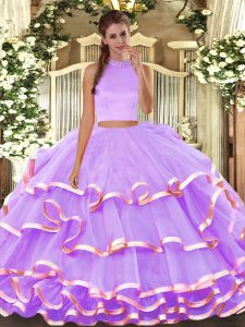 Sweet Lavender Vestidos de Quinceanera Military Ball and Sweet 16 and Quinceanera with Beading and Ruffled Layers Halter Top Sleeveless Backless