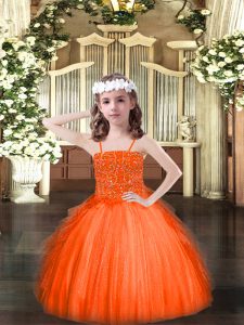 Orange Red Pageant Dress for Teens Party and Quinceanera with Beading and Ruffles Spaghetti Straps Sleeveless Lace Up