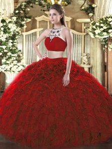 Wine Red Tulle Backless Ball Gown Prom Dress Sleeveless Floor Length Beading and Ruffles