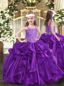 Floor Length Purple Pageant Dress Organza Sleeveless Beading and Ruffles
