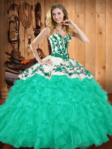 Cheap Turquoise Sleeveless Satin and Organza Lace Up Quinceanera Gowns for Military Ball and Sweet 16 and Quinceanera