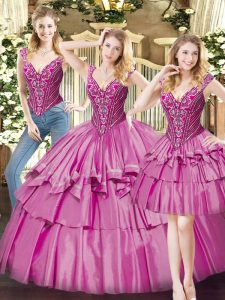 Extravagant Organza V-neck Sleeveless Lace Up Beading and Ruffled Layers Quince Ball Gowns in Fuchsia