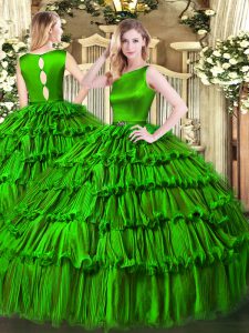 Elegant Green Ball Gowns Organza Scoop Sleeveless Ruffled Layers Floor Length Clasp Handle 15th Birthday Dress