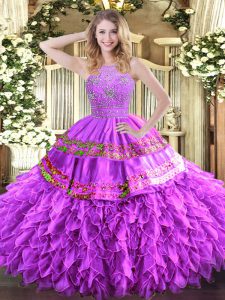 Lilac Ball Gowns Halter Top Sleeveless Tulle Floor Length Zipper Beading and Ruffles and Sequins Quinceanera Gowns