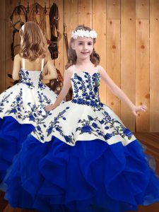 Dazzling Royal Blue Lace Up Little Girl Pageant Dress Embroidery and Ruffles Sleeveless Floor Length