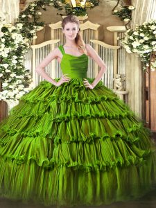 Floor Length Zipper Ball Gown Prom Dress Green for Sweet 16 and Quinceanera with Beading and Ruffled Layers