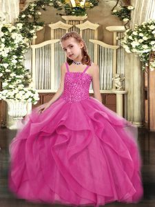 Custom Design Hot Pink Organza Lace Up Straps Sleeveless Floor Length Pageant Dress Womens Beading