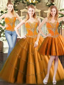 Modern Orange Red Ball Gowns Beading Quinceanera Dresses Lace Up Tulle Sleeveless Floor Length