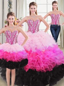 Eye-catching Floor Length Multi-color Quince Ball Gowns Organza Sleeveless Beading and Ruffles