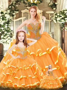 Charming Orange Red Lace Up Quinceanera Dress Beading and Ruffled Layers Sleeveless Floor Length