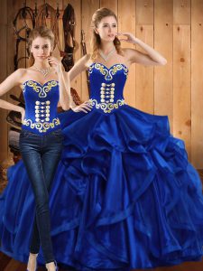 Colorful Sleeveless Floor Length Embroidery and Ruffles Lace Up Vestidos de Quinceanera with Royal Blue