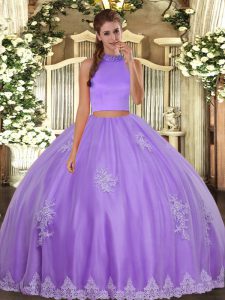 Sleeveless Tulle Floor Length Backless Sweet 16 Dresses in Lavender with Beading and Appliques