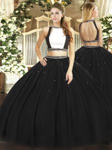 Hot Sale Halter Top Sleeveless Backless Quince Ball Gowns Black Tulle