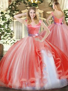Top Selling Floor Length Zipper 15th Birthday Dress Watermelon Red for Military Ball and Sweet 16 and Quinceanera with Ruffles
