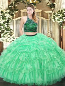 Modern Apple Green Zipper Quinceanera Gown Beading and Ruffled Layers Sleeveless Floor Length