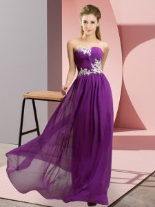 Purple Empire Chiffon Sweetheart Sleeveless Appliques Floor Length Lace Up Prom Evening Gown