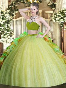 Pretty High-neck Sleeveless Backless 15 Quinceanera Dress Olive Green Tulle
