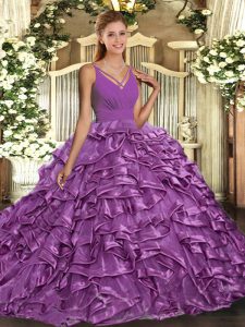 Sleeveless Taffeta Floor Length Backless Quinceanera Gowns in Lilac with Beading and Ruffles