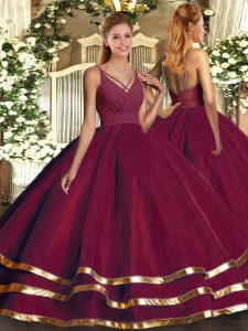 Affordable Floor Length Burgundy Ball Gown Prom Dress V-neck Sleeveless Backless