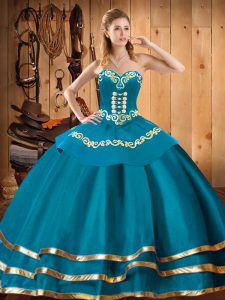 Floor Length Teal Quince Ball Gowns Organza Sleeveless Embroidery