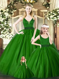 Green Ball Gowns Tulle V-neck Sleeveless Embroidery Floor Length Zipper Sweet 16 Quinceanera Dress