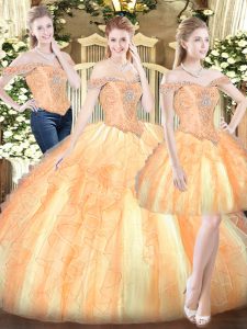 Popular Floor Length Gold Quinceanera Gowns Off The Shoulder Sleeveless Lace Up