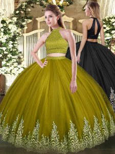 Edgy Beading and Appliques Sweet 16 Dresses Olive Green Backless Sleeveless Floor Length