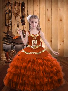 Attractive Rust Red Straps Neckline Embroidery and Ruffled Layers Child Pageant Dress Sleeveless Lace Up