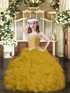Affordable Brown Ball Gowns Beading and Ruffles Little Girls Pageant Dress Wholesale Lace Up Organza Sleeveless Floor Length