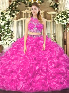 Romantic Fuchsia Ball Gowns Organza Scoop Sleeveless Beading and Ruffles Floor Length Zipper Quinceanera Dress