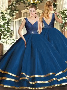 Navy Blue Tulle Backless Quinceanera Gown Sleeveless Floor Length Beading and Ruffled Layers