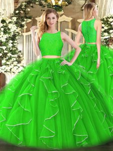 Green Organza Zipper Vestidos de Quinceanera Sleeveless Floor Length Lace and Ruffles