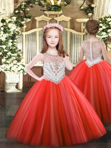 Latest Coral Red Ball Gowns Scoop Sleeveless Tulle Floor Length Zipper Beading Little Girl Pageant Gowns