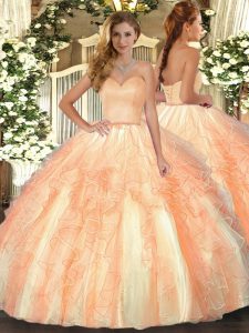 Hot Sale Floor Length Orange Quince Ball Gowns Organza Sleeveless Ruffles