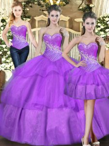 Luxury Eggplant Purple Sleeveless Tulle Lace Up 15 Quinceanera Dress for Military Ball and Sweet 16 and Quinceanera