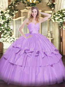 Sweet Sleeveless Floor Length Beading and Ruffled Layers Lace Up Quince Ball Gowns with Lavender