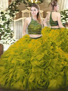 Olive Green Zipper Quinceanera Gown Beading and Ruffles Sleeveless Floor Length