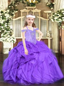 Excellent Lavender Ball Gowns Beading and Ruffles Pageant Dress for Womens Lace Up Organza Sleeveless Floor Length
