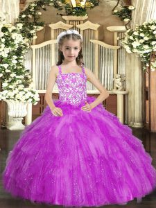 Lilac Ball Gowns Beading and Ruffles Little Girl Pageant Dress Lace Up Organza Sleeveless Floor Length
