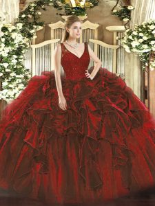 Sophisticated Wine Red Ball Gowns Organza V-neck Sleeveless Beading and Ruffles Floor Length Zipper Sweet 16 Quinceanera Dress