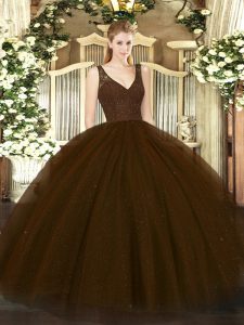 Best Selling Brown Ball Gowns Beading and Lace Ball Gown Prom Dress Backless Tulle Sleeveless Floor Length