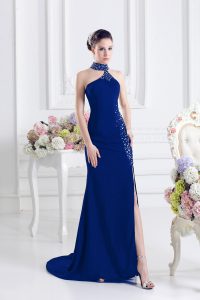 Halter Top Sleeveless Elastic Woven Satin Prom Dresses Beading Sweep Train Lace Up