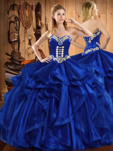Floor Length Lace Up Quinceanera Dress Royal Blue for Military Ball and Sweet 16 and Quinceanera with Embroidery and Ruffles