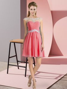 Mini Length Watermelon Red Prom Dress Scoop Cap Sleeves Lace Up